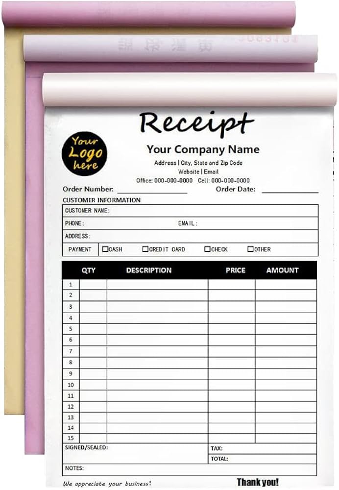 Custom receipt book design with company logo and KRA PIN in Nairobi